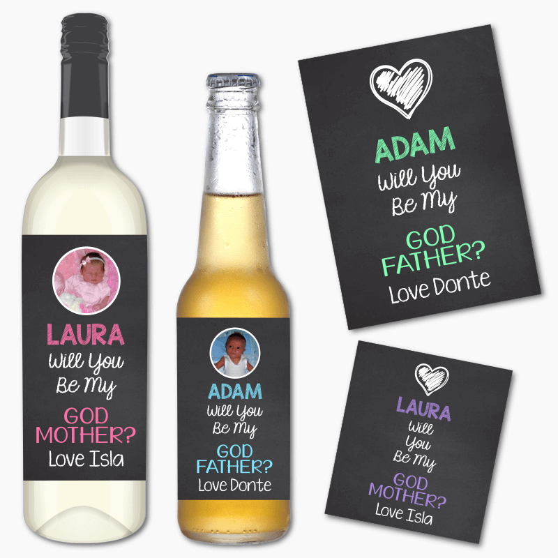 Personalised Chalk Will You Be My Godparent Wine &amp; Beer Labels