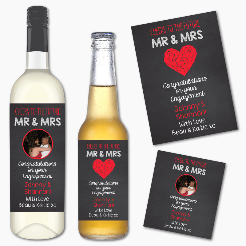 Personalised 'Cheers to the Future Mr & Mrs' Engagement Gift Wine & Beer Labels