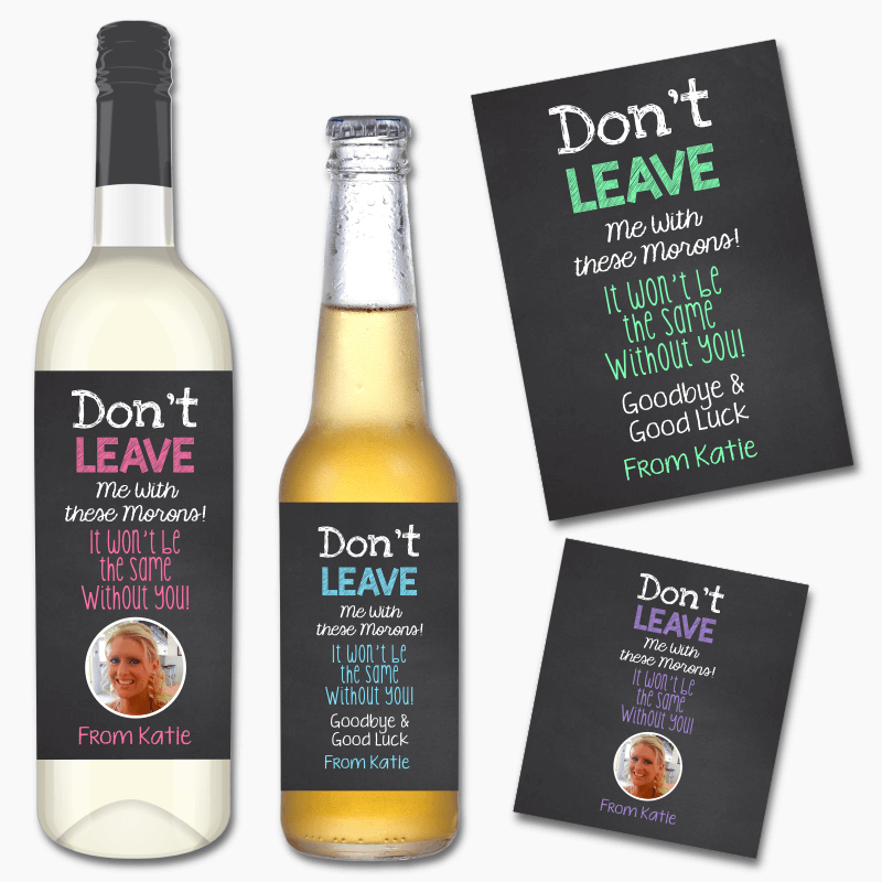 Personalised 'Don't Leave' Colleague Farewell Gift Wine & Beer Labels