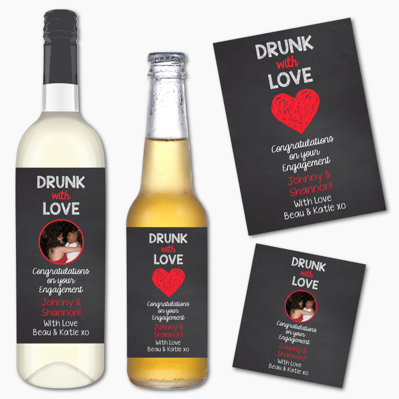 Personalised &#39;Drunk with Love&#39; Engagement Gift Wine &amp; Beer Labels