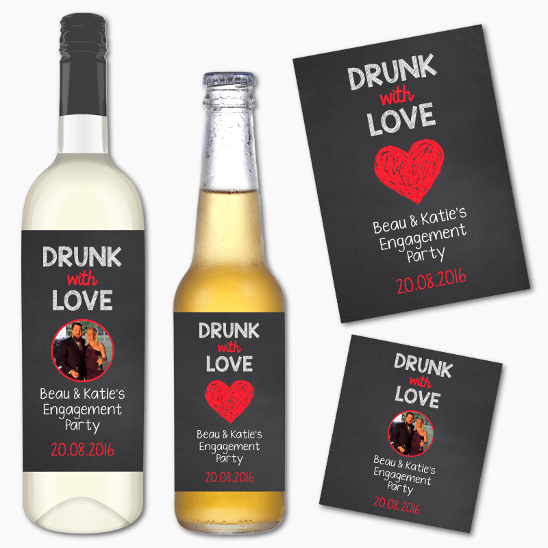 Personalised &#39;Drunk with Love&#39; Engagement Party Wine &amp; Beer Labels
