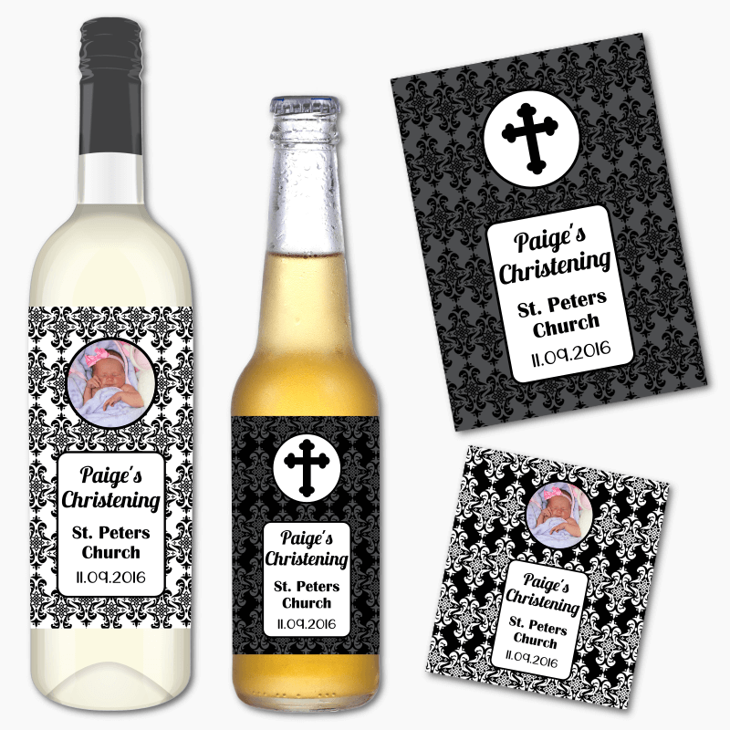 Personalised Elegant Damask Christening Wine & Beer Labels with Photo