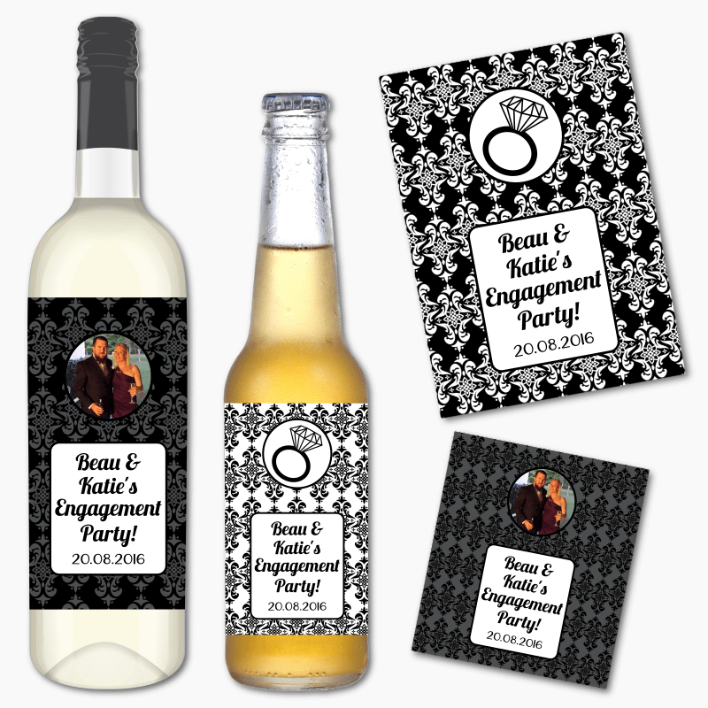 Personalised Elegant Damask Engagement Party Wine & Beer Labels