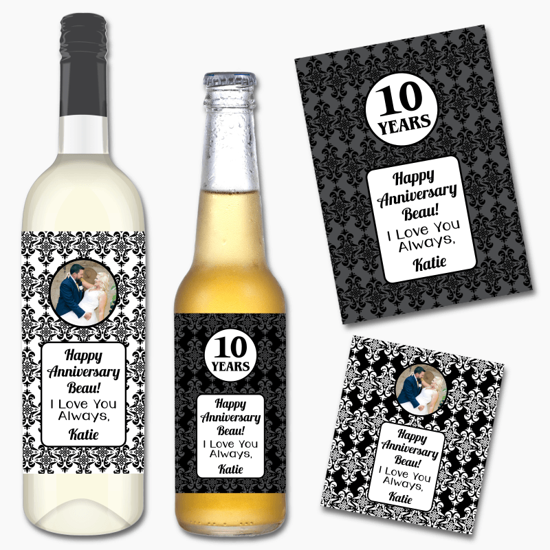 Personalised Elegant Damask Happy Anniversary Gift Wine & Beer