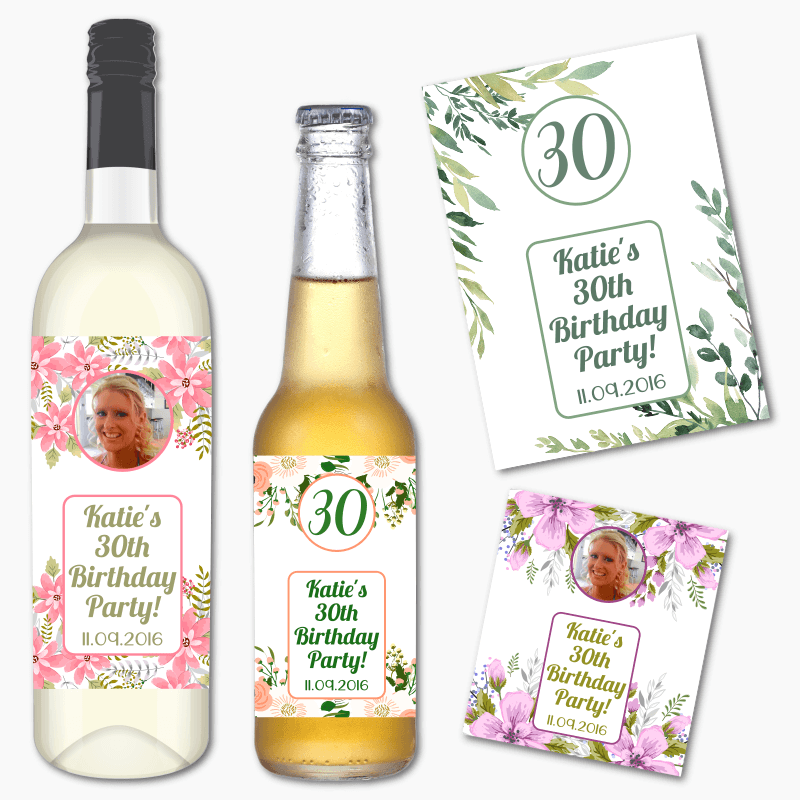 Personalised Floral Birthday Gift Wine &amp; Beer Labels