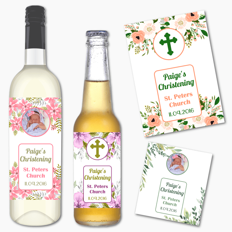 Personalised Floral Christening Wine &amp; Beer Labels with Photo
