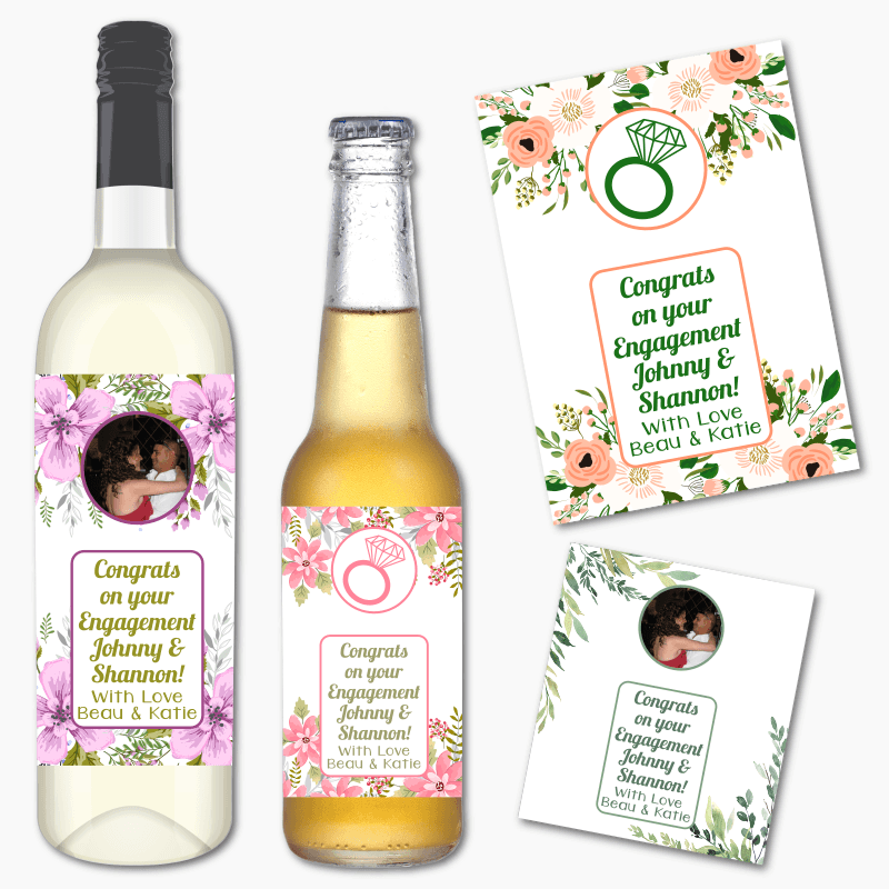 Personalised Floral Engagement Gift Wine &amp; Beer Labels