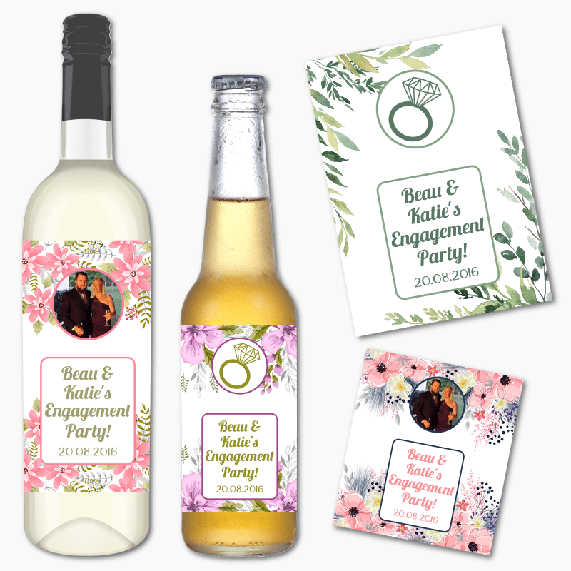 Personalised Floral Engagement Party Wine &amp; Beer Labels