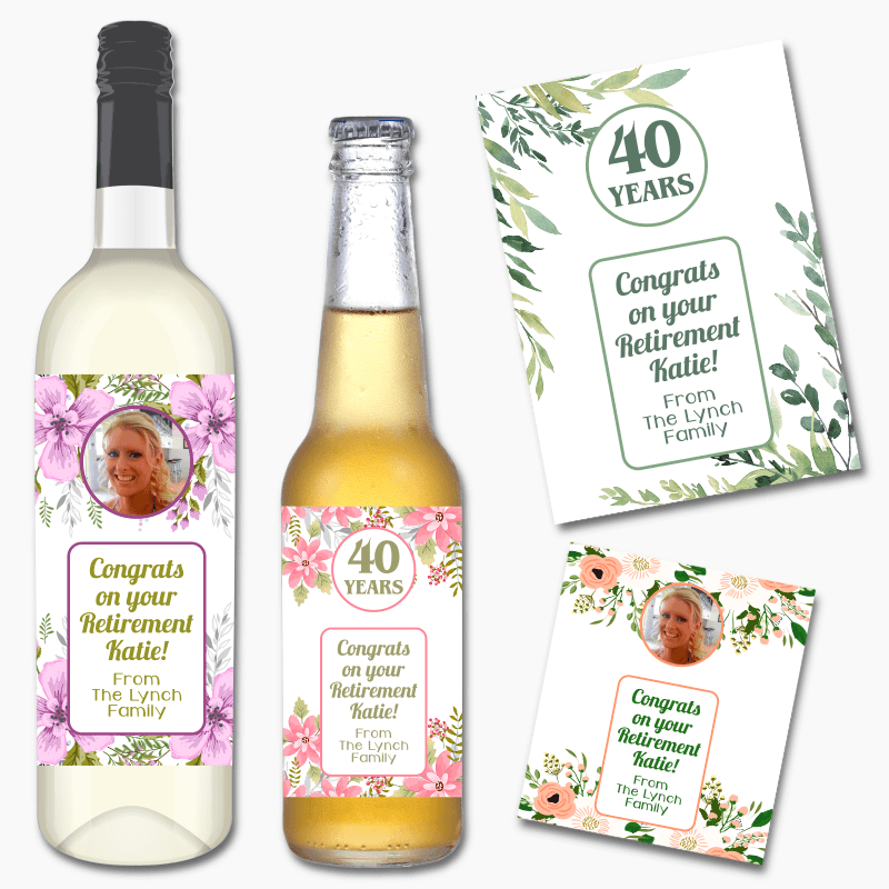 Personalised Floral Retirement Gift Wine &amp; Beer Labels
