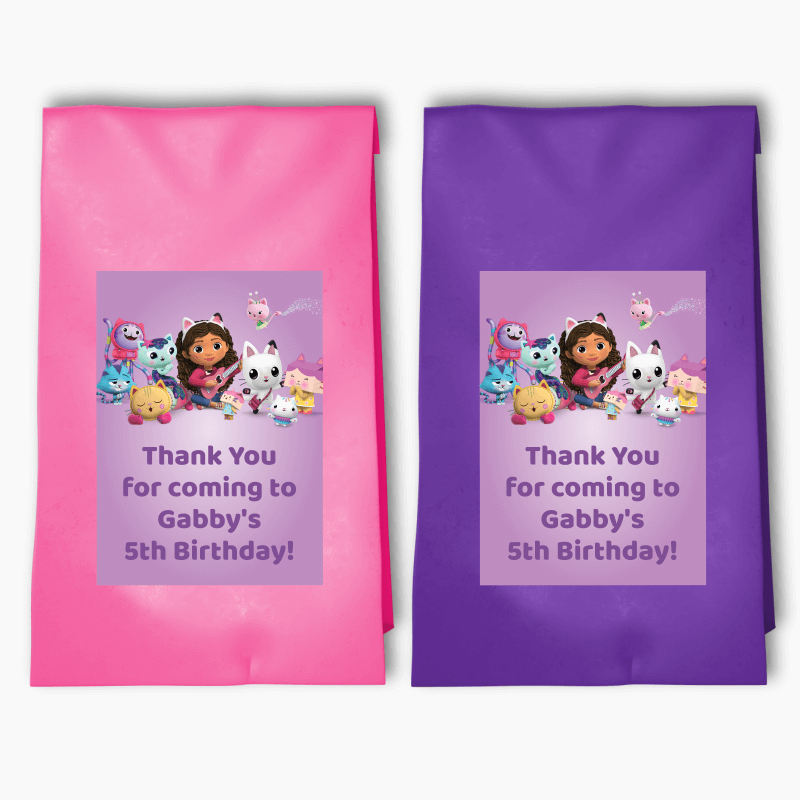 Personalised Gabby&#39;s Dollhouse Birthday Party Bags &amp; Labels