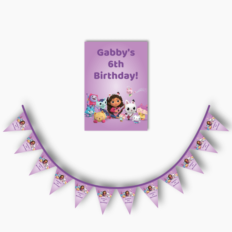 Personalised Gabby&#39;s Dollhouse Birthday Party Poster &amp; Flag Bunting Combo