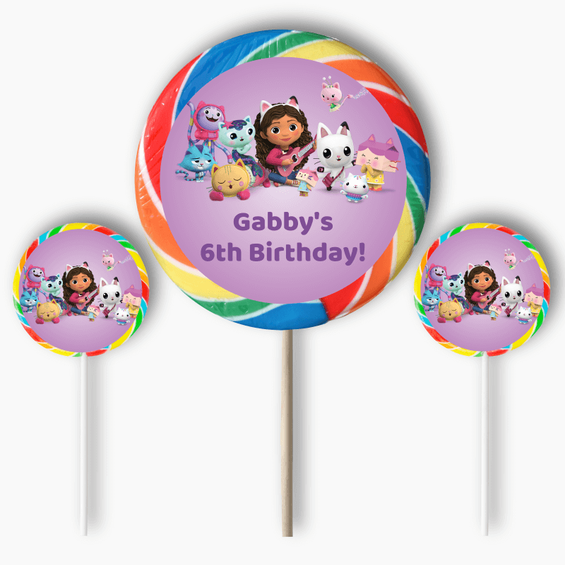 Personalised Gabbys Dollhouse Birthday Party Round Lollipop Stickers