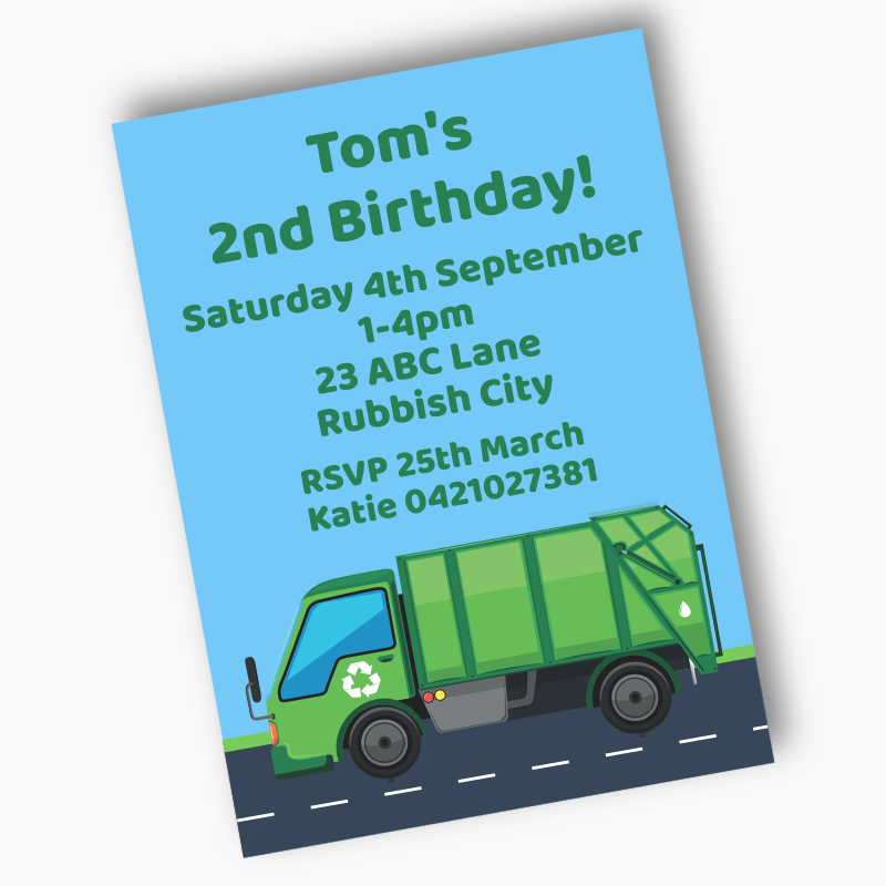 Personalised Garbage Truck Birthday Party Invites