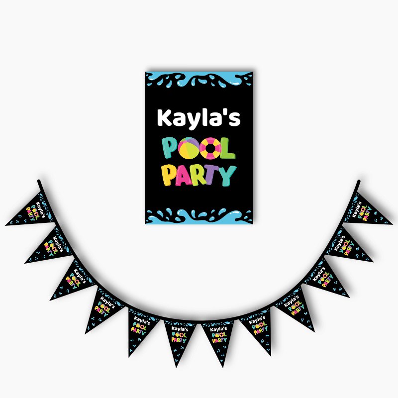 Personalised Girls Pool Party Poster &amp; Bunting Combo - Black