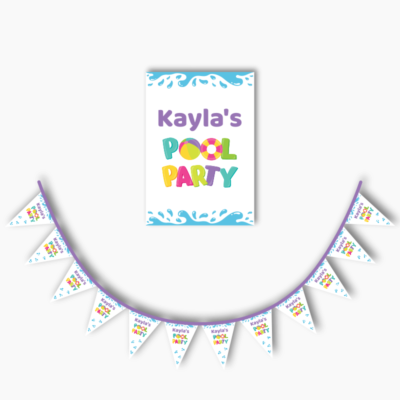 Personalised Girls Pool Party Poster &amp; Bunting Combo - White