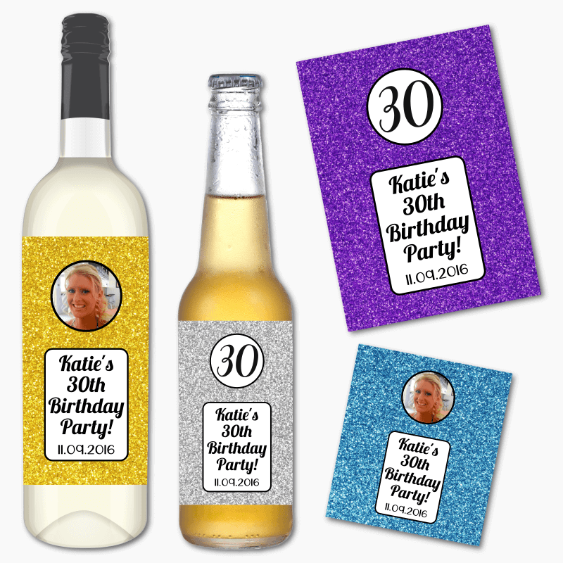 Personalised Glitter Print Birthday Party Wine &amp; Beer Labels