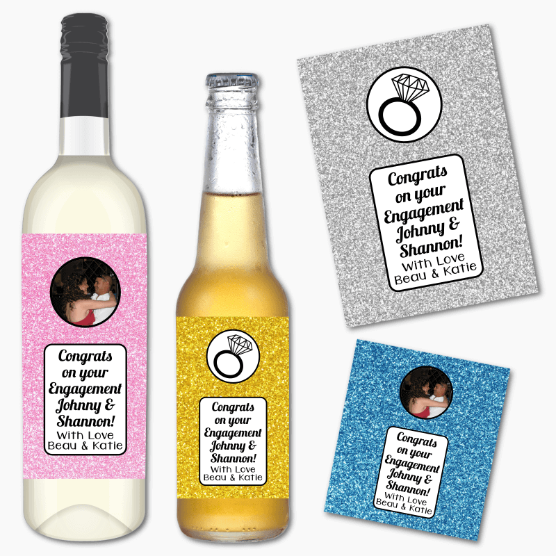 Personalised Glitter Engagement Gift Wine &amp; Beer Labels