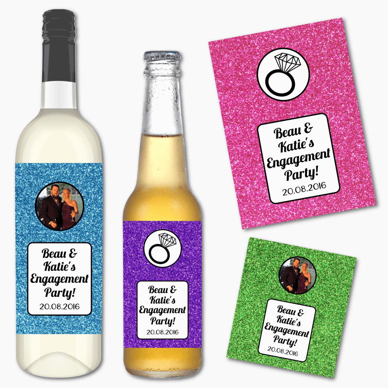 Personalised Glitter Engagement Party Wine & Beer Labels