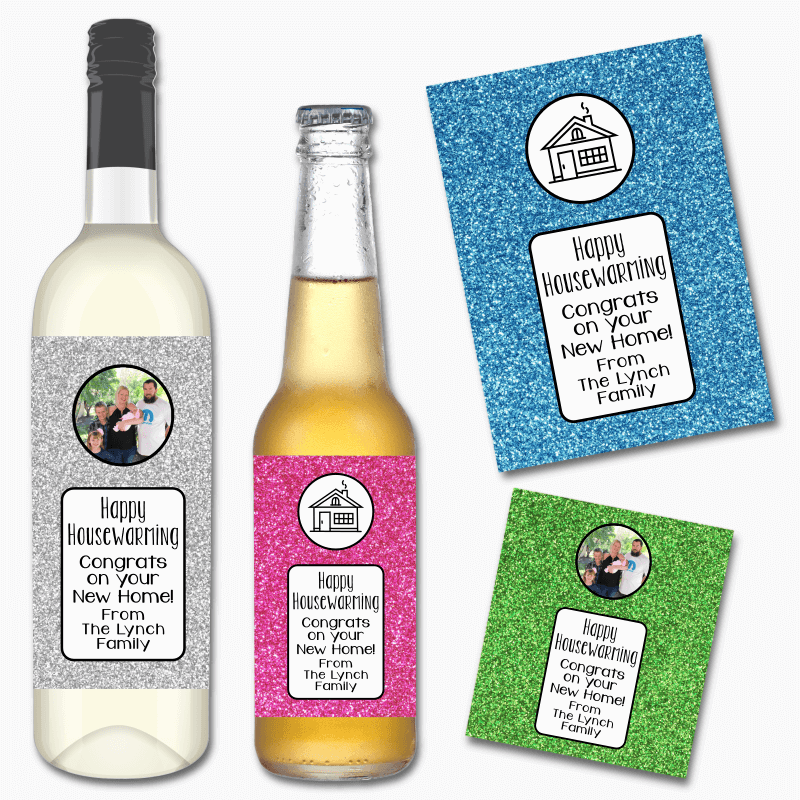 Personalised Glitter Housewarming Gift Wine & Beer Labels