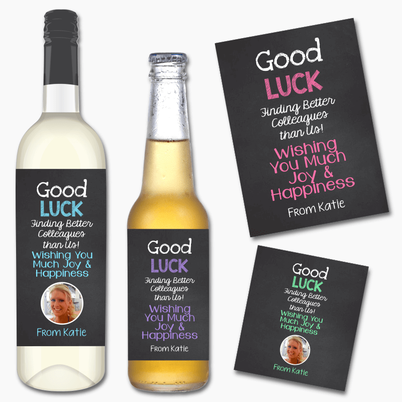 Personalised &#39;Good Luck&#39; Colleague Farewell Gift Wine &amp; Beer Labels