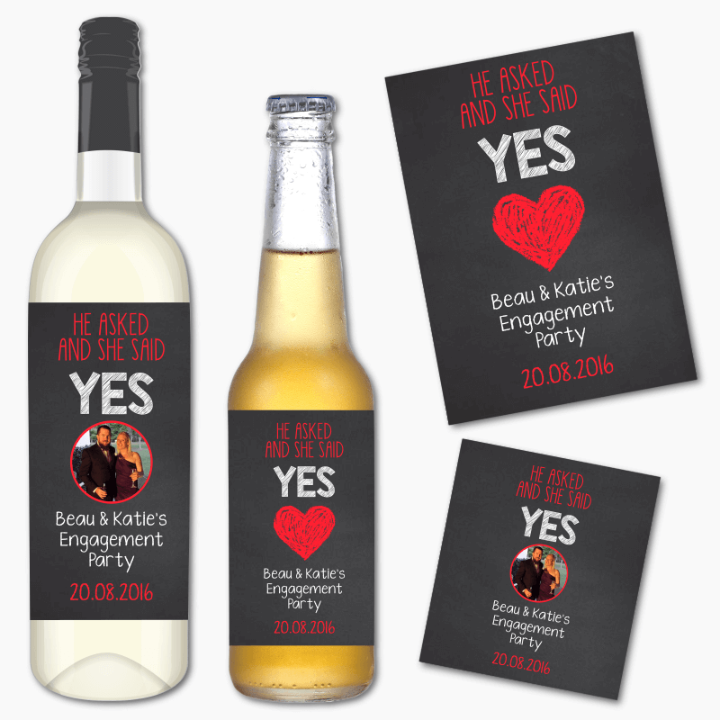 Personalised &#39;He Asked and She said Yes&#39; Engagement Party Wine &amp; Beer Labels