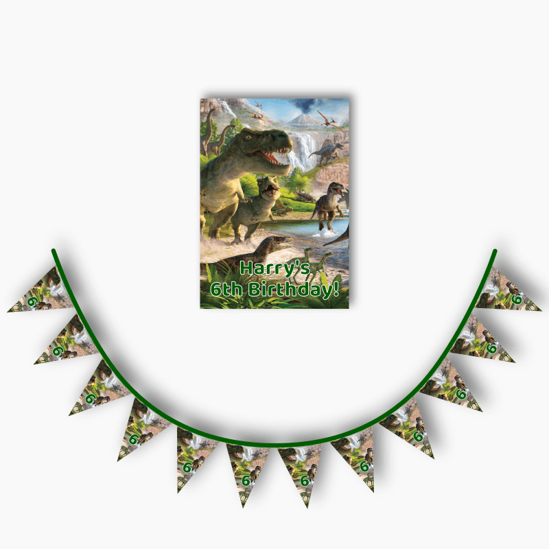 Personalised Jurassic Dinosaur Birthday Party Poster &amp; Flag Bunting Combo
