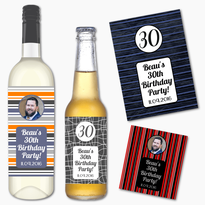 Personalised Mens Patterns Birthday Party Wine &amp; Beer Labels
