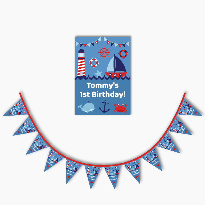 Personalised Nautical Sail Boat Party Poster & Flag Bunting Combo
