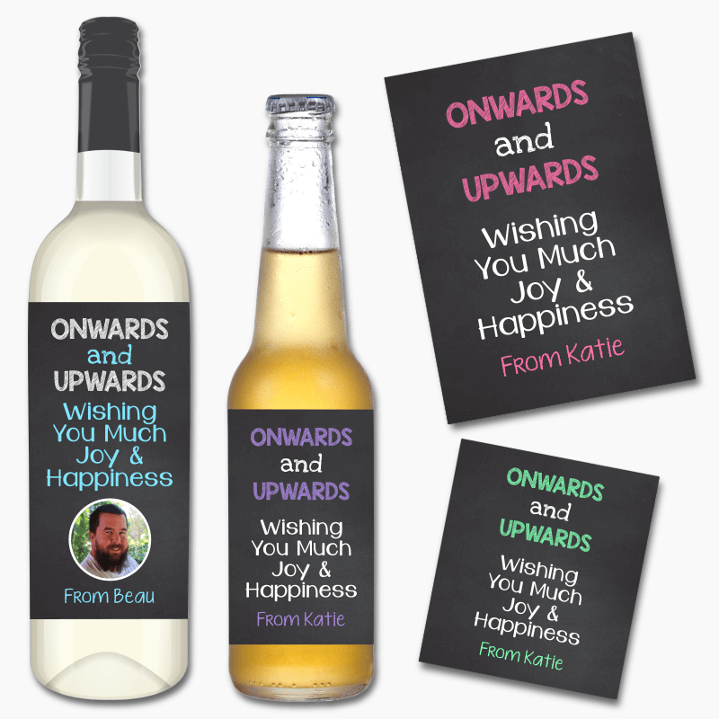 Personalised &#39;Onwards &amp; Upwards&#39; Colleague Farewell Gift Wine &amp; Beer Labels