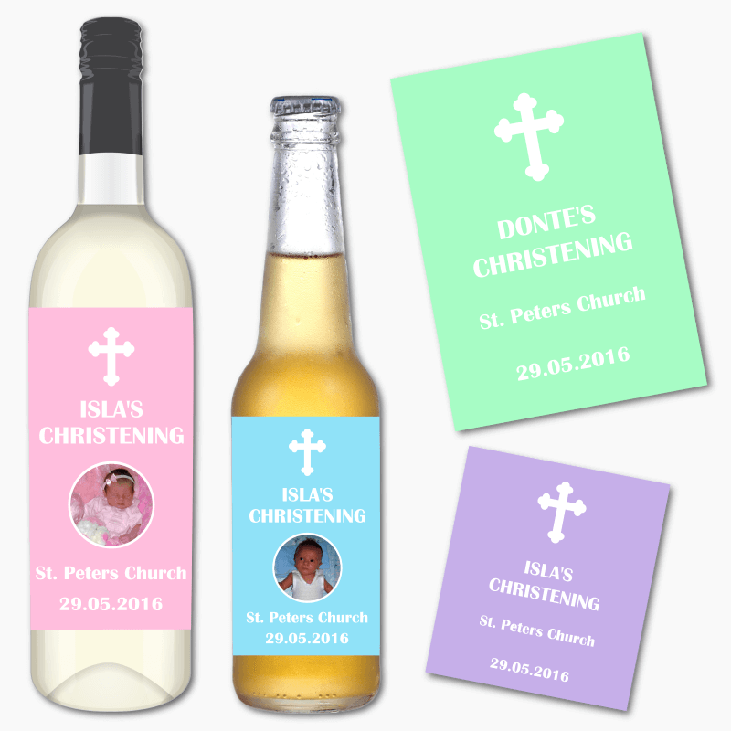 Personalised Pastel Christening Wine &amp; Beer Labels with Photo