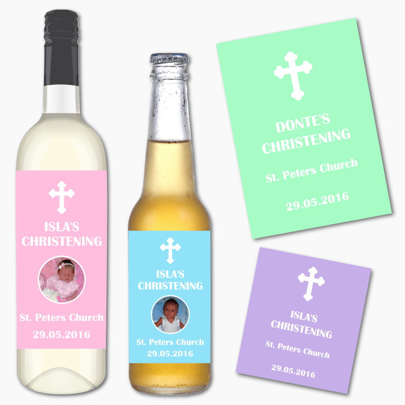 Personalised Pastel Christening Wine & Beer Labels with Photo
