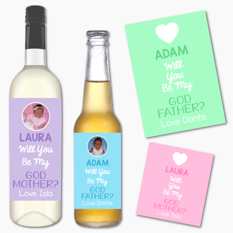 Personalised Pastel Will You Be My Godparent? Wine &amp; Beer Labels