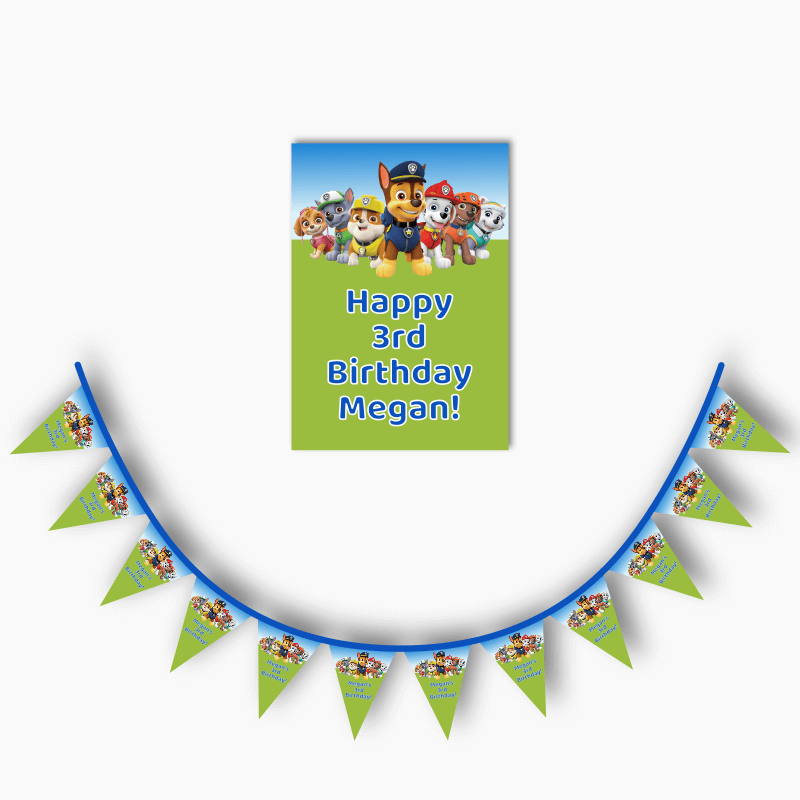 Personalised Paw Patrol Birthday Party Poster &amp; Flag Bunting Combo