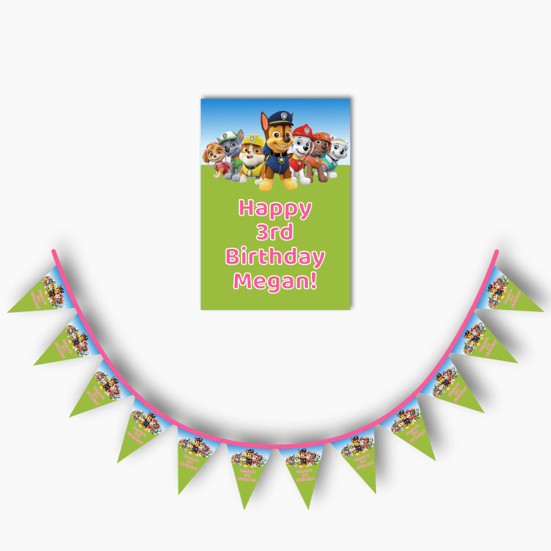 Personalised Paw Patrol Birthday Party Poster &amp; Flag Bunting Combo