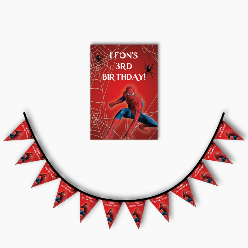 Personalised Spiderman Party Poster &amp; Flag Bunting Combo