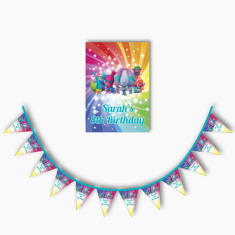 Personalised Trolls Birthday Party Poster &amp; Flag Bunting Combo
