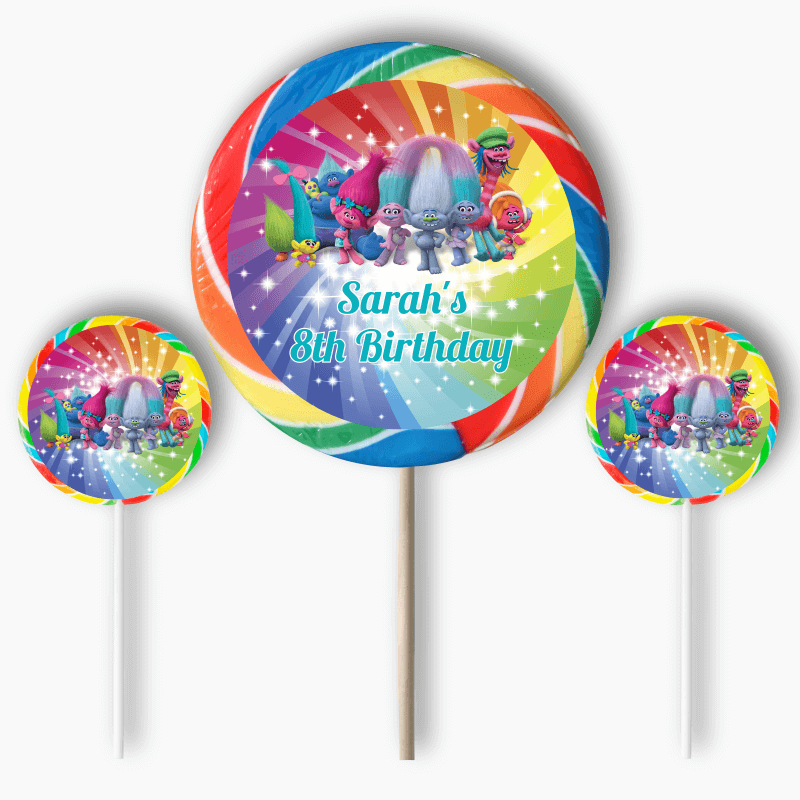 Personalised Trolls Birthday Party Round Stickers