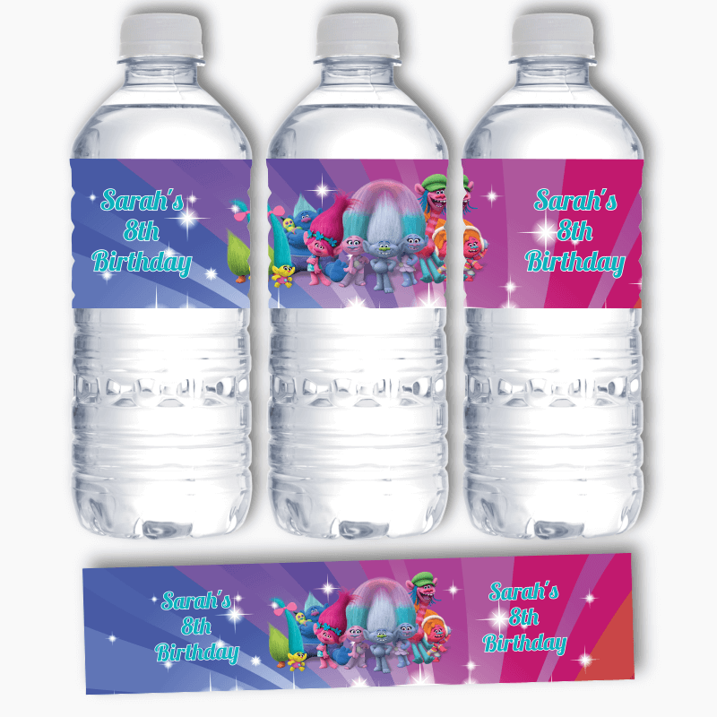 Personalised Trolls Birthday Party Water Bottle Labels