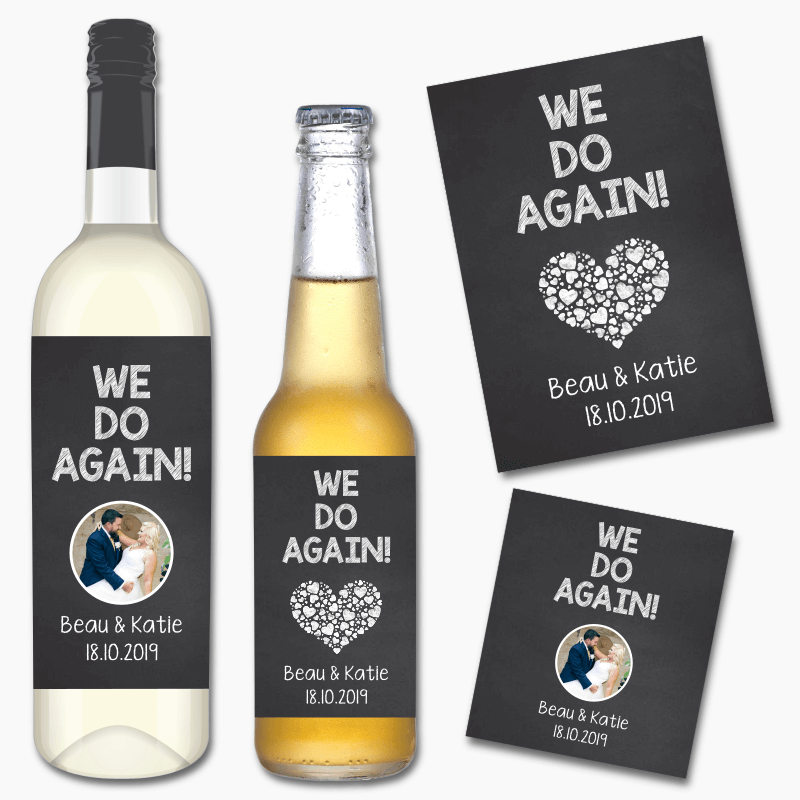 Personalised &#39;We Do Again&#39; Wedding Vow Renewal Wine &amp; Beer Labels