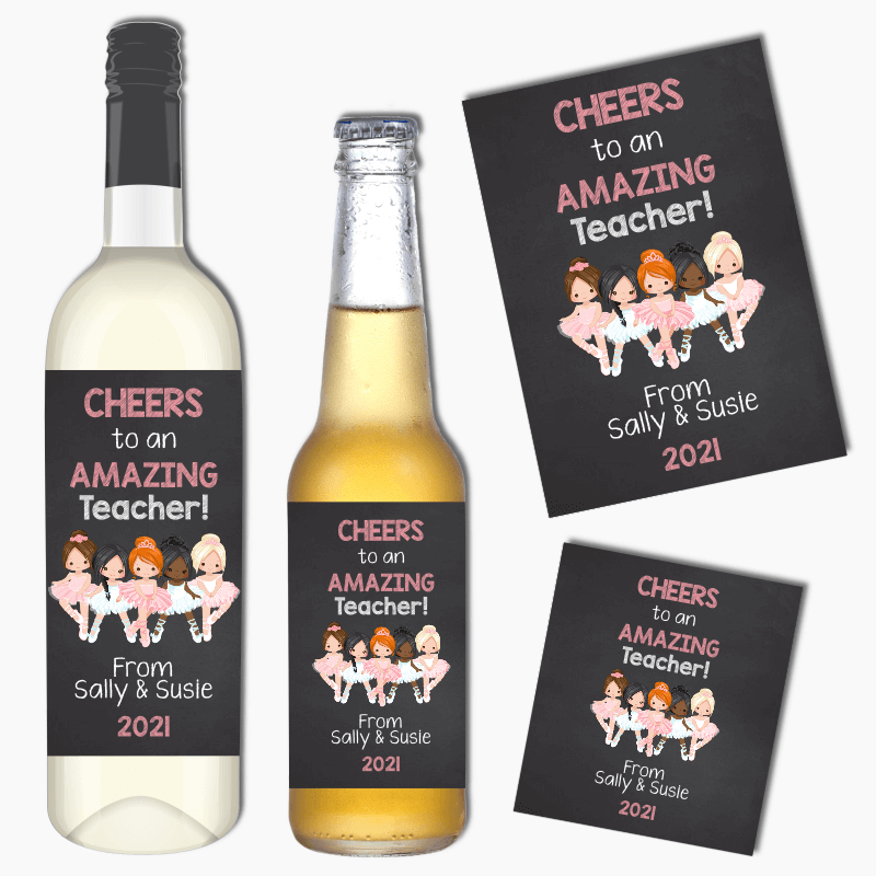 Personalised Pink Ballerina Dance Teacher Gift Wine & Beer Labels