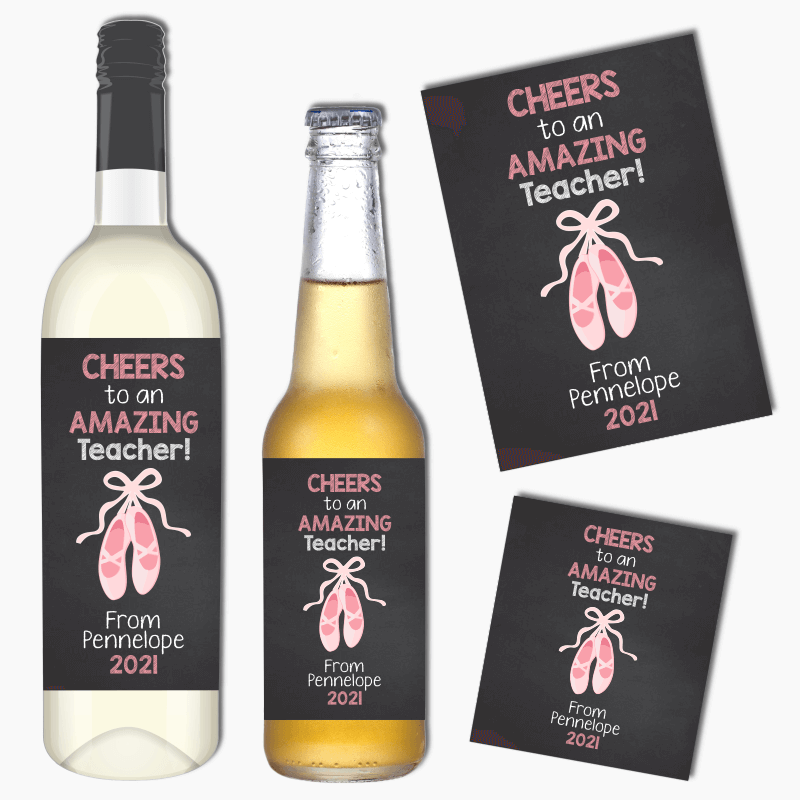 Personalised Pink Ballet Slipper Dance Teacher Gift Wine &amp; Beer Labels