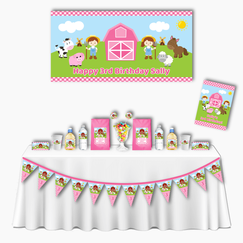 Personalised Pink Gingham Barnyard Animals Deluxe Birthday Party Decorations Pack