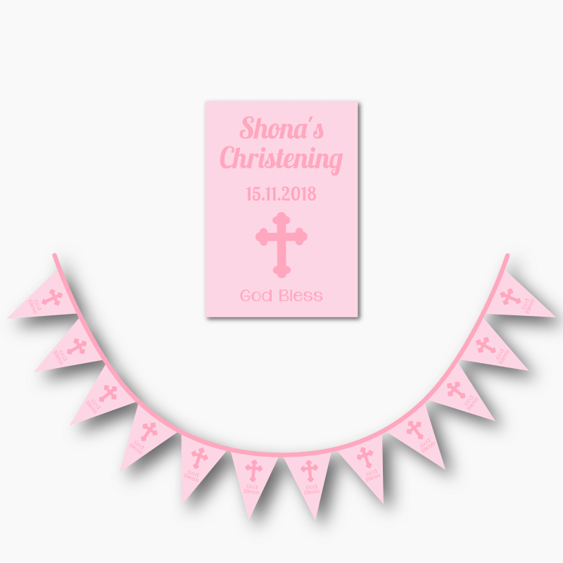 Personalised Pink Crucifix Christening Poster &amp; Flag Bunting Combo