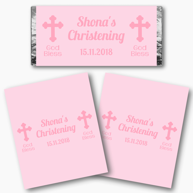 Personalised Pink Crucifix Christening Mini Chocolate Labels