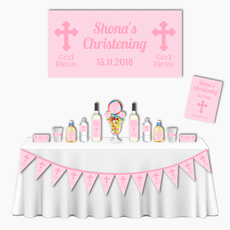 Personalised Pink Crucifix Deluxe Christening Decorations Pack
