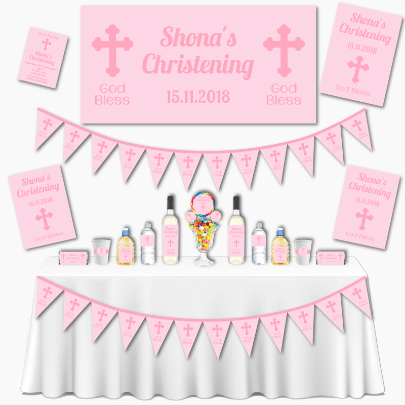 Personalised Pink Crucifix Grand Christening Decorations Pack