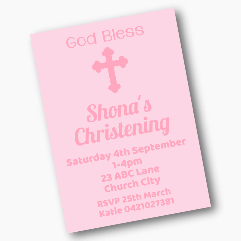 Personalised Pink Crucifix Christening Party Invites