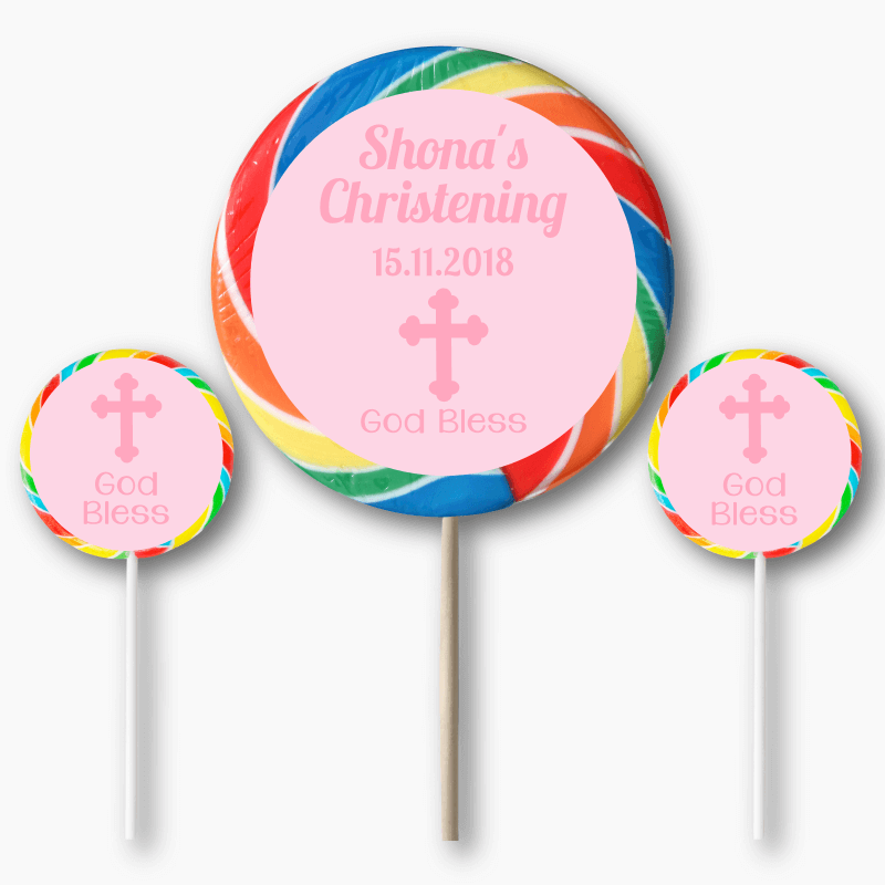 Personalised Pink Crucifix Christening Round Lollipop Stickers