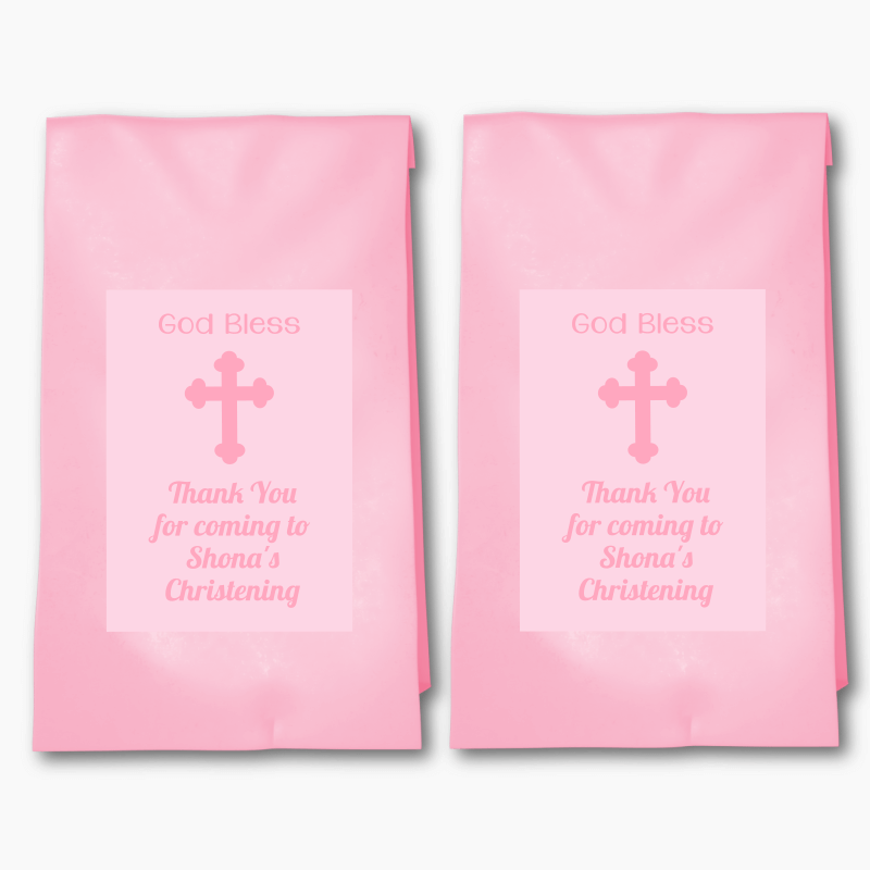 Personalised Pink Crucifix Christening Party Bags &amp; Labels