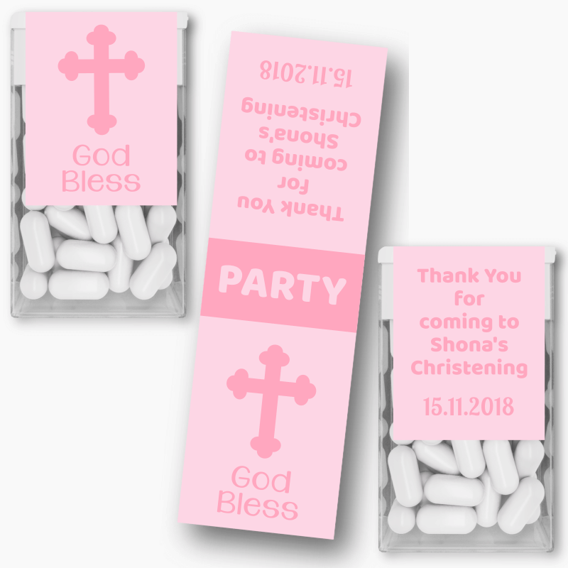Personalised Pink Crucifix Christening Tic Tac Labels